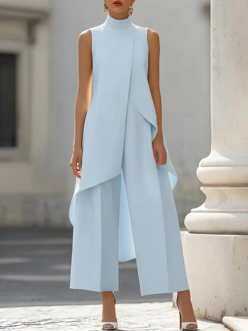 Women's Mock Turtleneck Sleeveless Asymmetric Cascade Drape Longline Top & Wide-Leg Cropped Trouser Set