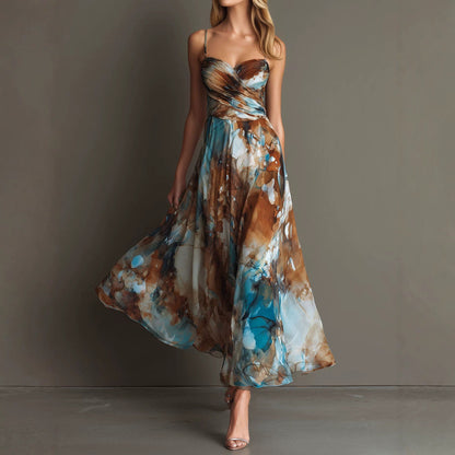 Floral Print Strap High Waist Flowy Maxi Dress – Sleeveless Beach Long Dress