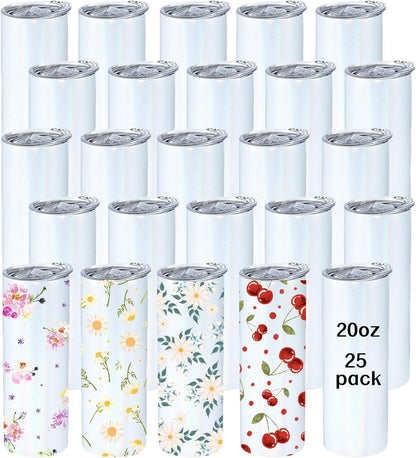 Sublimation 25 Pack 20oz Blank Glitter Holographic Straight Stainless Tumblers Tumbler Coffee Cup w/straw, & box
