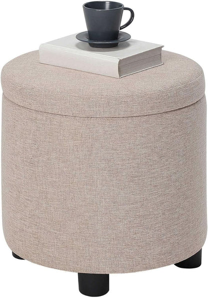 Round Storage Ottoman Upholstered Removable Tray Lid