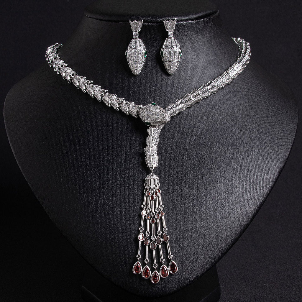 Serpentine Teardrop Tassel Zircon Earrings & Necklace Set