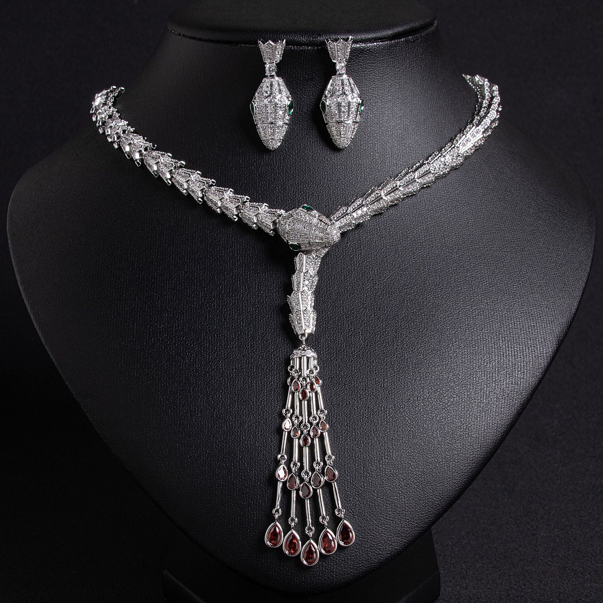 Serpentine Teardrop Tassel Zircon Earrings & Necklace Set