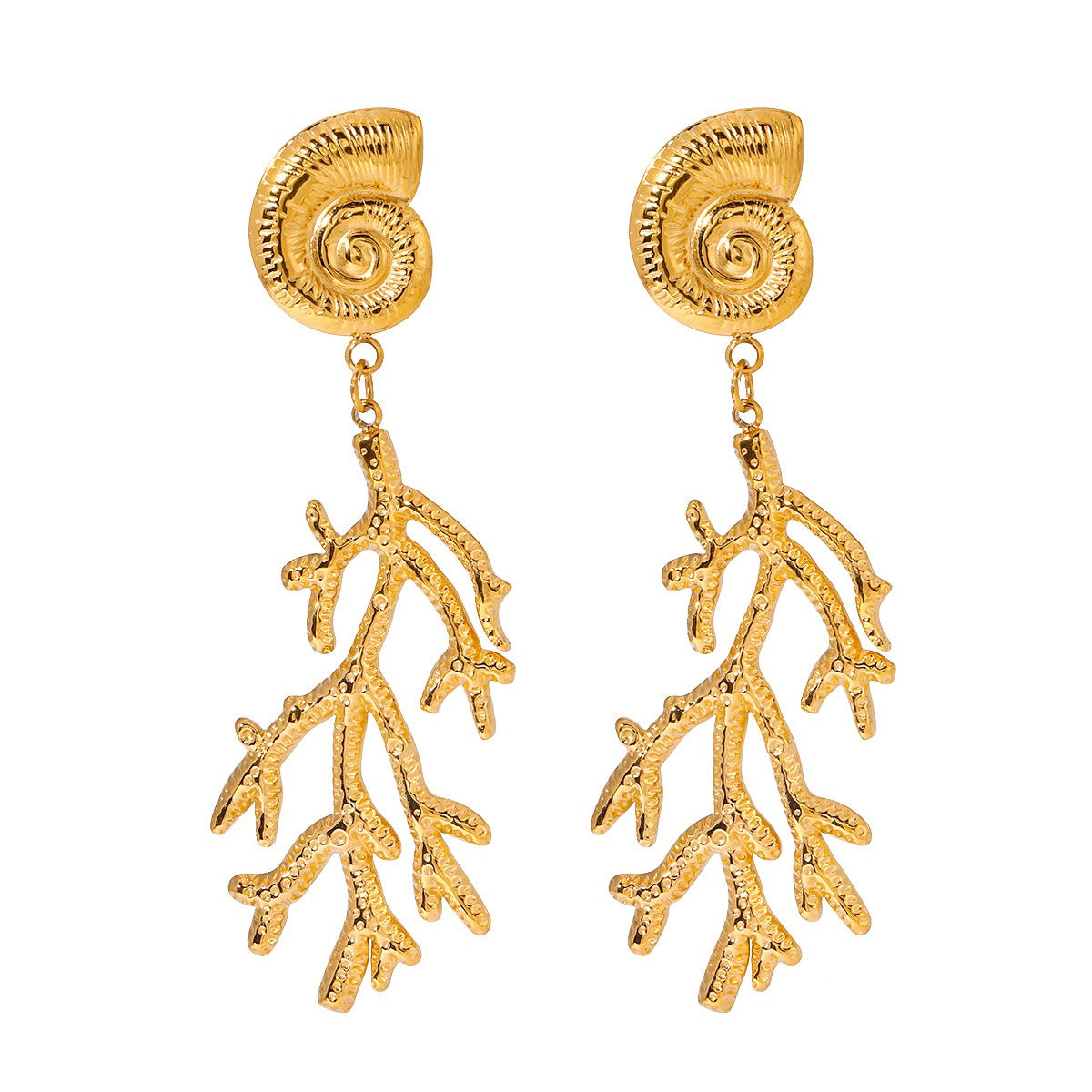 18K gold conch shell with coral design unique and noble earrings