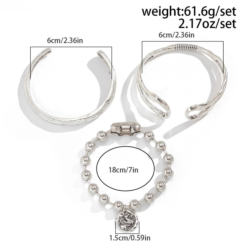 Double Ring Hollow Spring Open Bracelet Punk Style Round Bead Pendant Stacking Bracelet