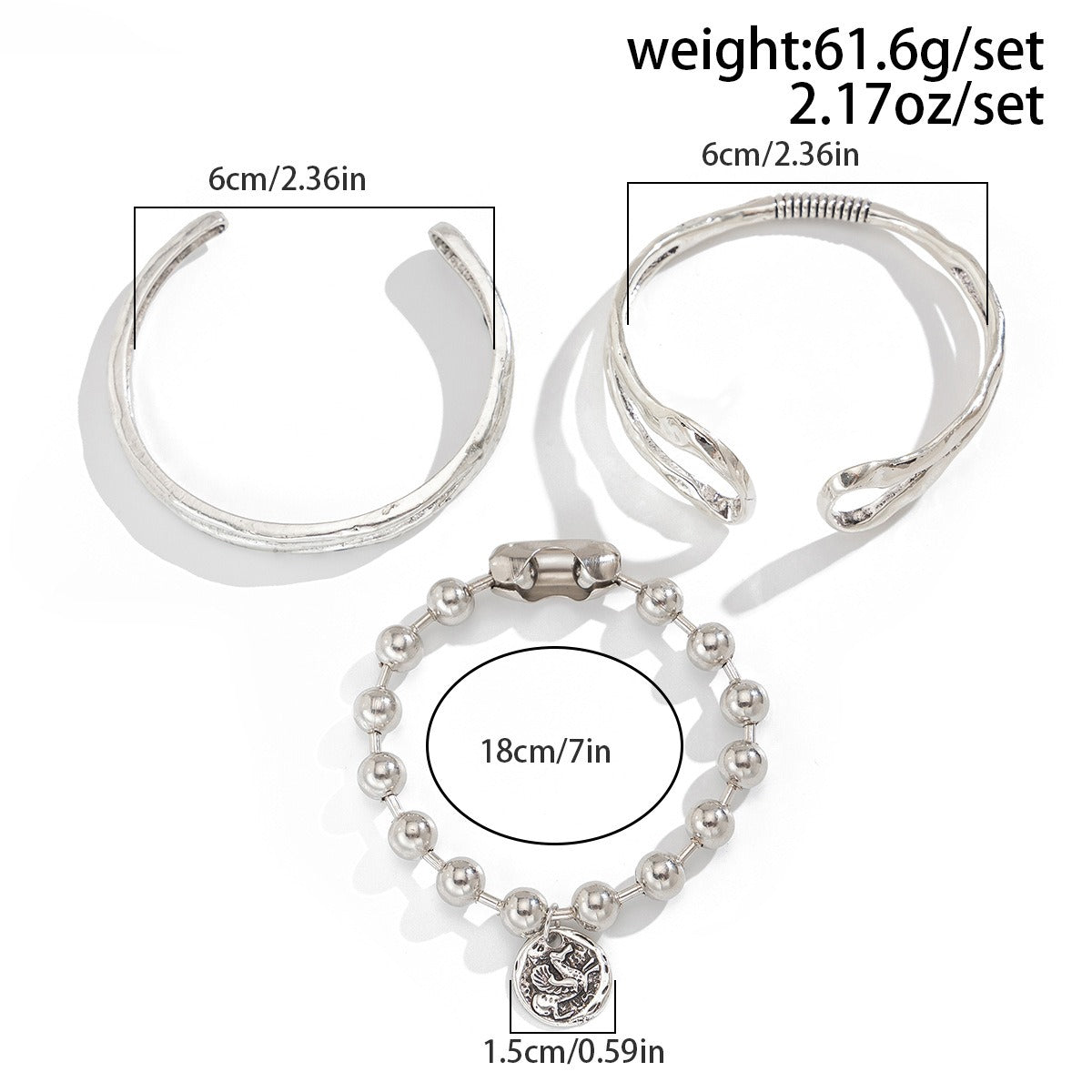 Double Ring Hollow Spring Open Bracelet Punk Style Round Bead Pendant Stacking Bracelet