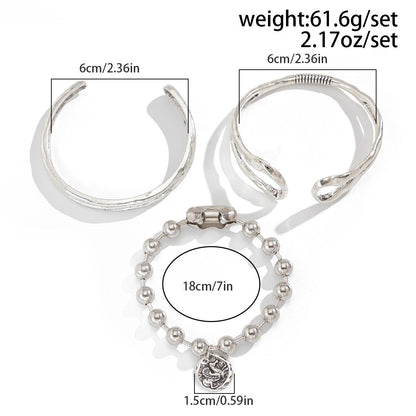Double Ring Hollow Spring Open Bracelet Punk Style Round Bead Pendant Stacking Bracelet