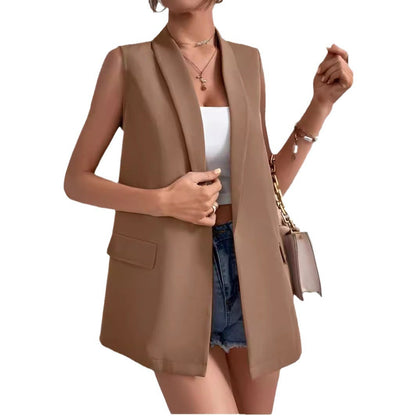 Women’s Mid-Length Suit Vest – Sleeveless Office Blazer