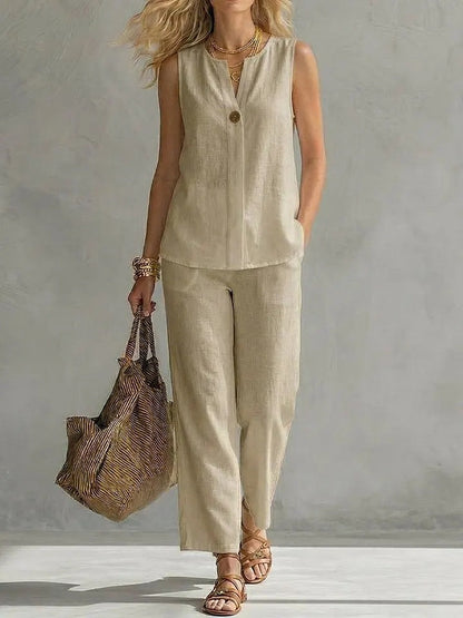 Women's Sleeveless V-Neck Top & Full-Length Pants Two-Piece Set