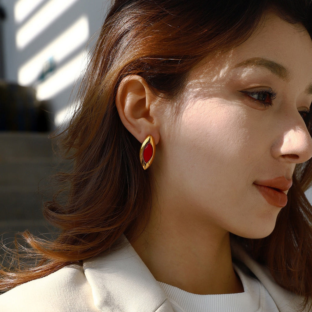 18K gold geometric oval inlaid gemstone design exquisite dazzling earrings