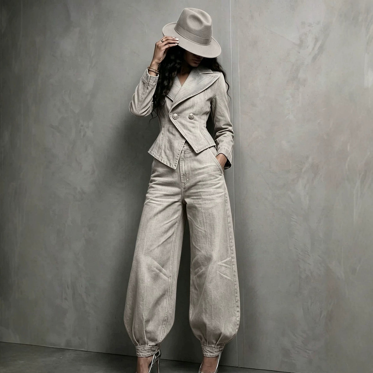 Women's Washed Distressed Denim Asymmetric Double-Breasted Jacket & Balloon-Leg Trouser Set