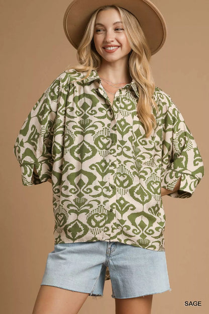 Umgee Abstract Print Button-Up Oversized Shirt
