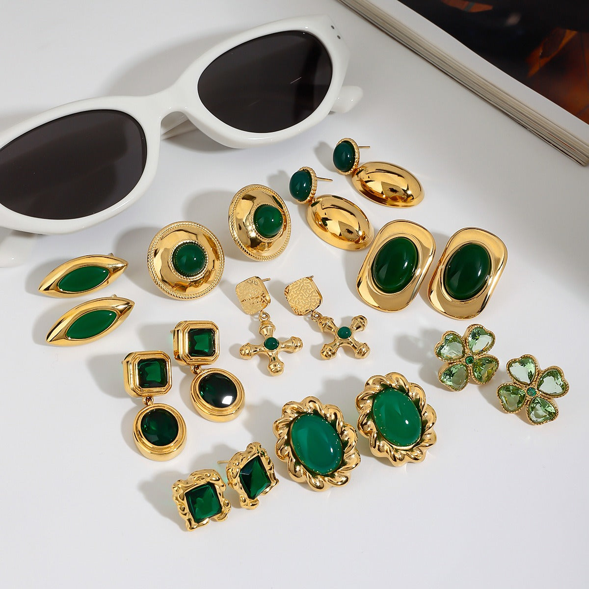 18K gold geometric/flower-shaped inlaid gemstone design light luxury noble earrings