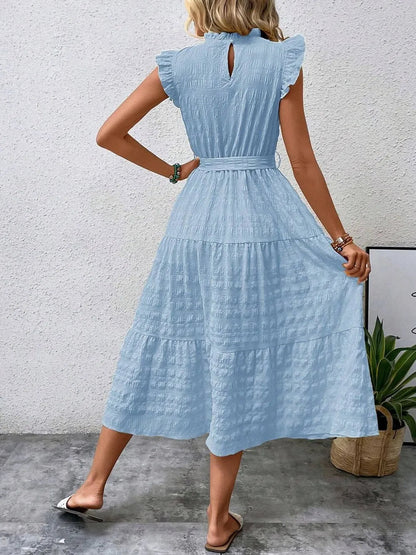 Tied Ruffled Cap Sleeve Midi Dress – Feminine Flowy Style