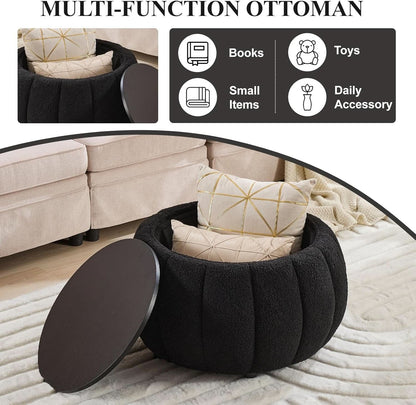 30 Inch Round Profile Teddy Fabric Hidden Storage Ottoman