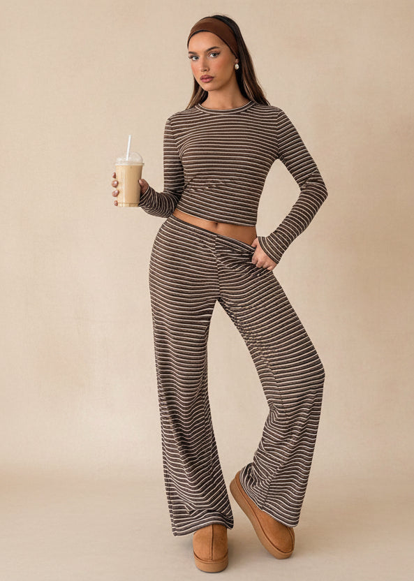 Women's Striped Knit Two-Piece Set with Wide-Leg Pants