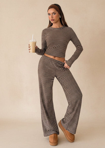 Women's Striped Knit Two-Piece Set with Wide-Leg Pants