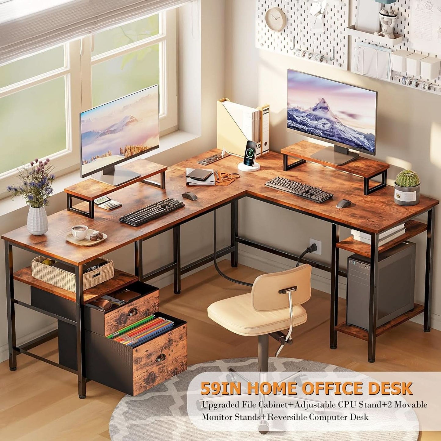 Industrial Grade Ultra Rustic Brown Fifty Nine Inch L Shaped Desk Power Outlet