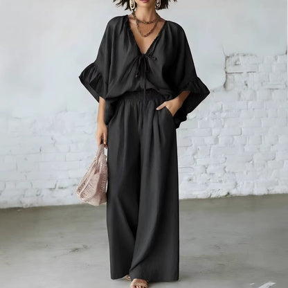 Women's Loose-Fit V-Neck Top & Wide-Leg Pants Two-Piece Set