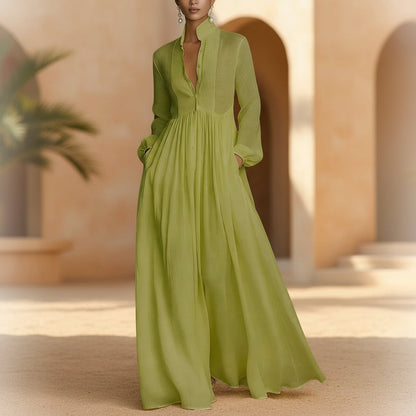 Women's French Style Long Sleeve Pleated A-Line Maxi Dress