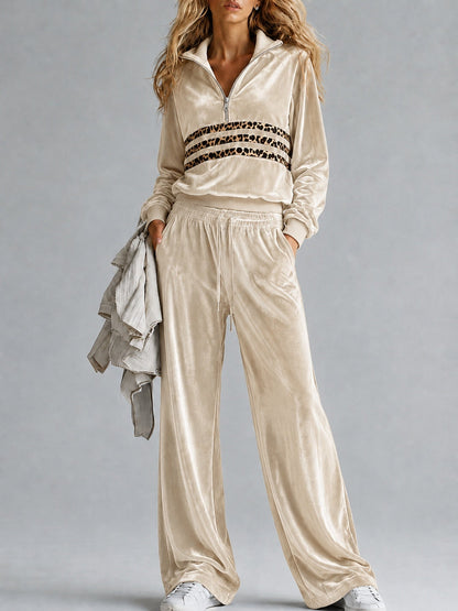 Women's Velvet Half-Zip Leopard Stripe Pullover & Wide-Leg Drawstring Trouser Tracksuit Set