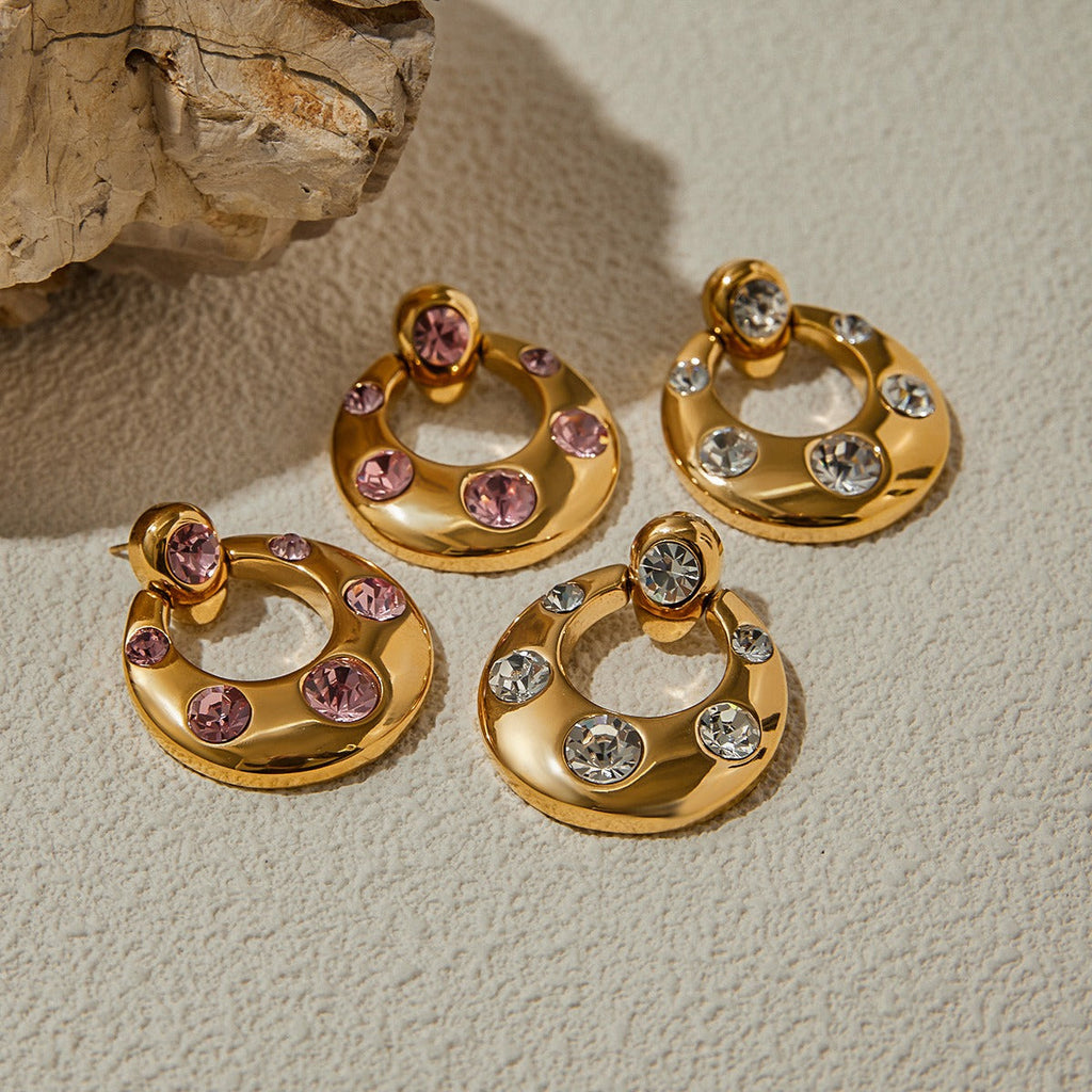 18K gold U-shaped inlaid gemstone design classic simple earrings