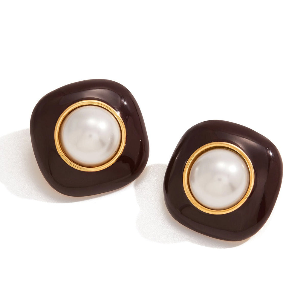 18K gold-plated titanium steel stud earrings with enamel and pearls.