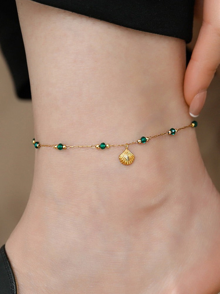 18k gold light luxury high-end shell green bead anklet