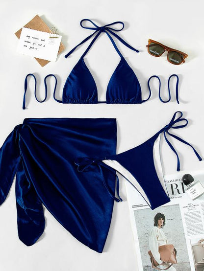 Halter Bikinis Solid Triangle Swimsuit Women High Cut Skirt Swimwear Conjunto Biquinis Feminino Trajes