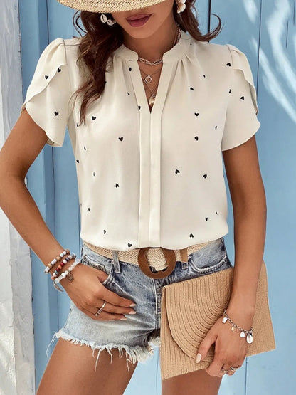 Women's V-Neck Heart Print Blouse – Petal Sleeve Pleated Front Elegant Top