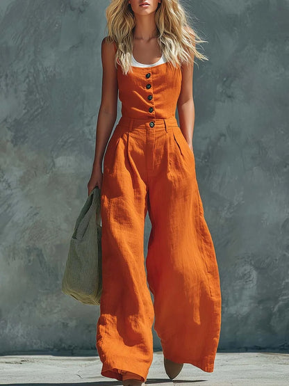 Women's Retro Button-Front High-Waist Wide-Leg Jumpsuit