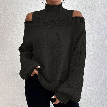 Women’s Elegant Off-Shoulder Turtleneck Sweater — Long Sleeve Knit Top