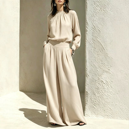 Women's Stand-Up Collar Puff Sleeve Blouse & Wide-Leg Pants Set