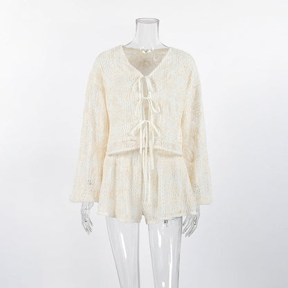 V-Neck Long Sleeve Lace-Up Top & Shorts Two-Piece Set