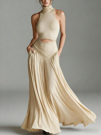 Women's Sleeveless High-Neck Top & Elegant Long A-Line Dress Two-Piece Set