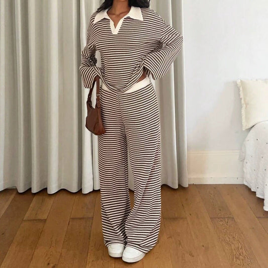 Women's Striped Wide Leg Pants Set – Long Sleeve Polo Crop Top & Trousers