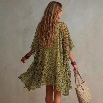 Women's V-Neck Leopard Print Chiffon Beach Cover-Up Dress