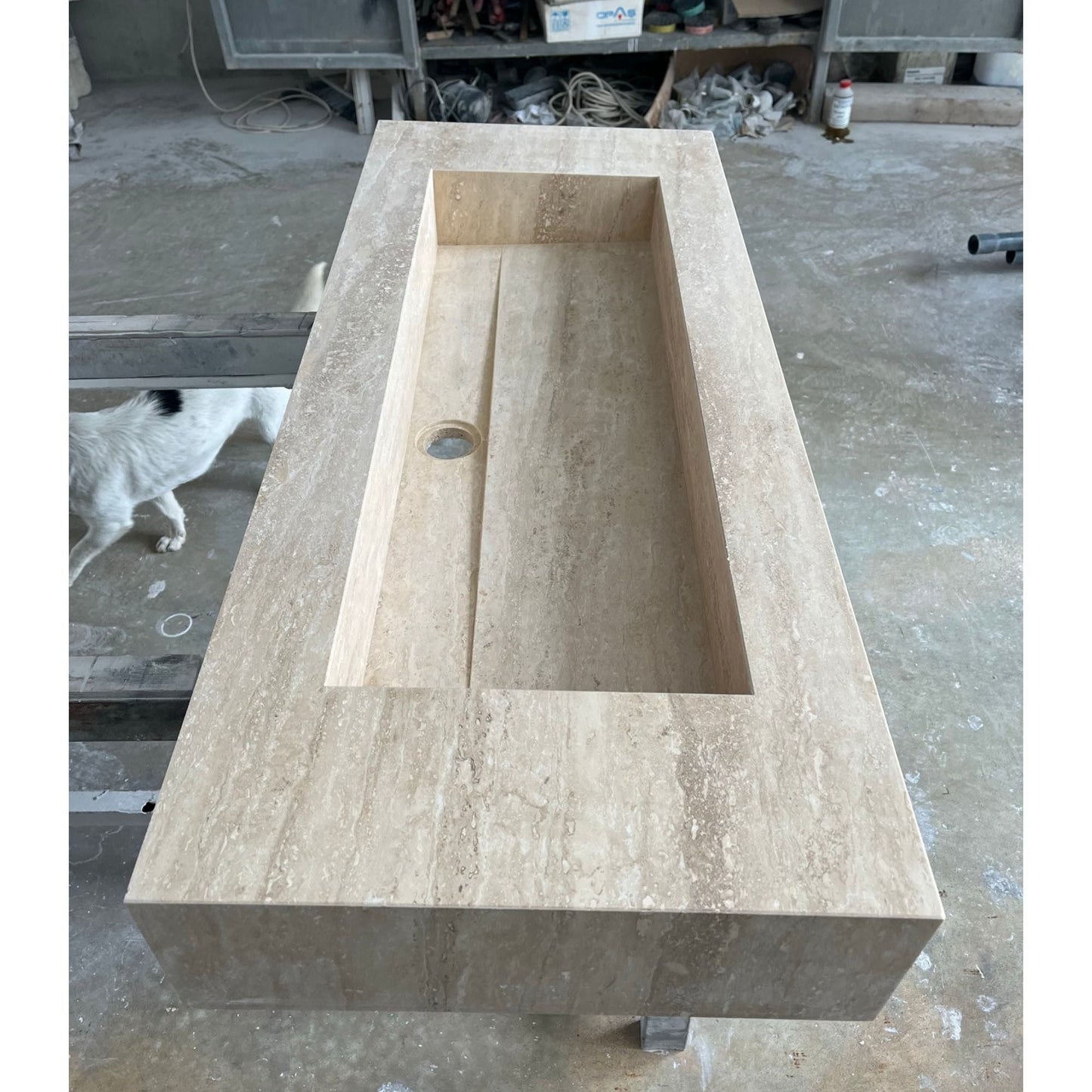 Handcrafted Custom Natural Beige Travertine Vein-Cut Trough Sink