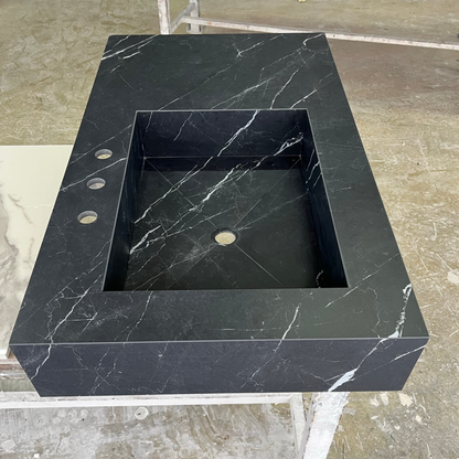 Nero Marquina Black Marble Look Engineered Porcelain Bathroom Sink - Hand-Crafted