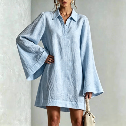 Women's Lapel Collar Flared Sleeve A-Line Midi Dress