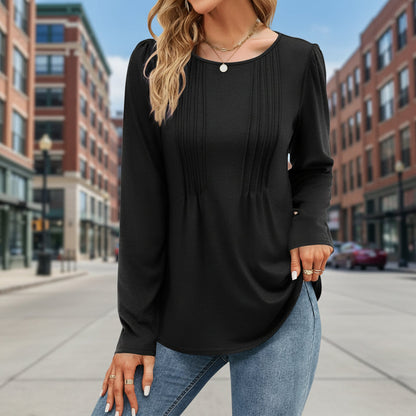 Women's Long Sleeve Crew Neck Blouse – Pintuck Pleat Front