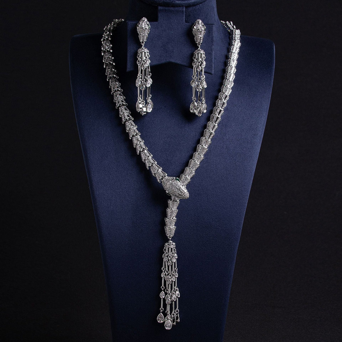 Serpentine Tassel Necklace with Diamonds and Zirconia