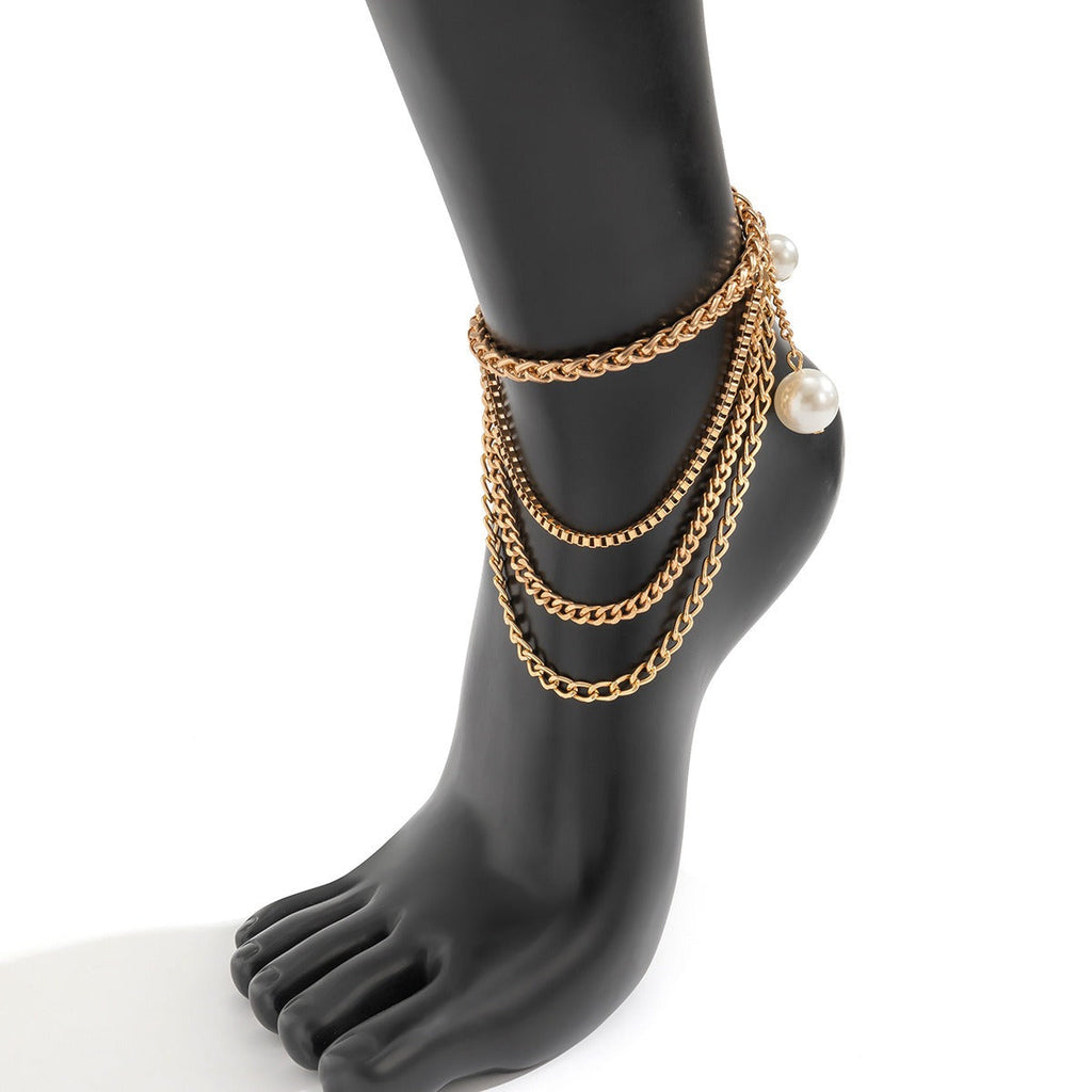 Beach Imitation Pearl Pendant Tassel Chain Anklet