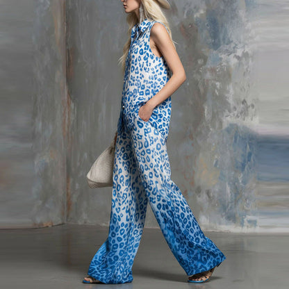 Loose-fit Leopard-print Sleeveless Shirt And Trousers Two-piece Set