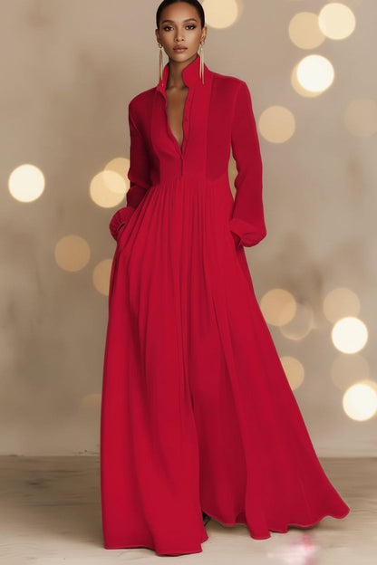 Women's French Style Long Sleeve Pleated A-Line Maxi Dress