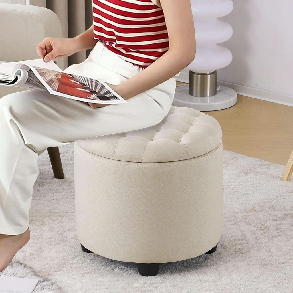 Beige Round Storage Ottoman Featuring Removable Lid