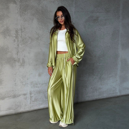 Women's Satin-Finish Zip Track Jacket & Wide-Leg Pants Set