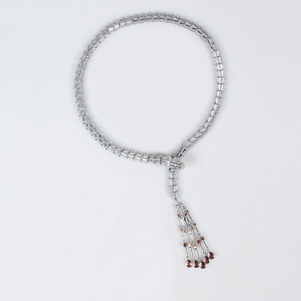 Serpentine Tassel Necklace with Diamonds and Zirconia