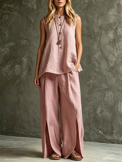 Women's Loose Sleeveless Tank Top & Slit Wide-Leg Pants Two-Piece Set