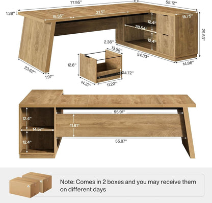 Executive Corner Desk 78 Inch Drawers Brown Shelves