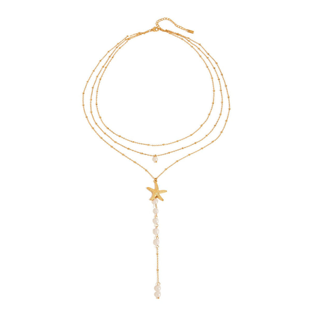 18K gold multi-layer chain with starfish and pearl tassel design exquisite and noble necklace
